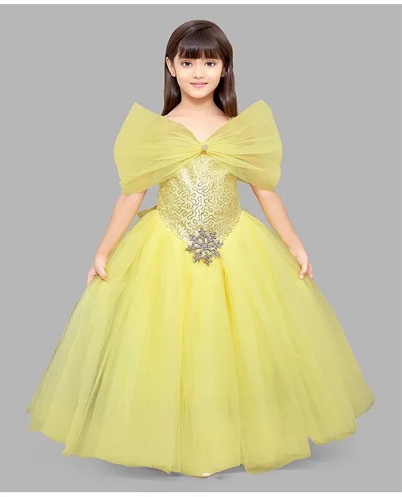 PinkChick Sleeveless Bow & Snowflake Applique Detailed Sequins Embellished Gown - Yellow